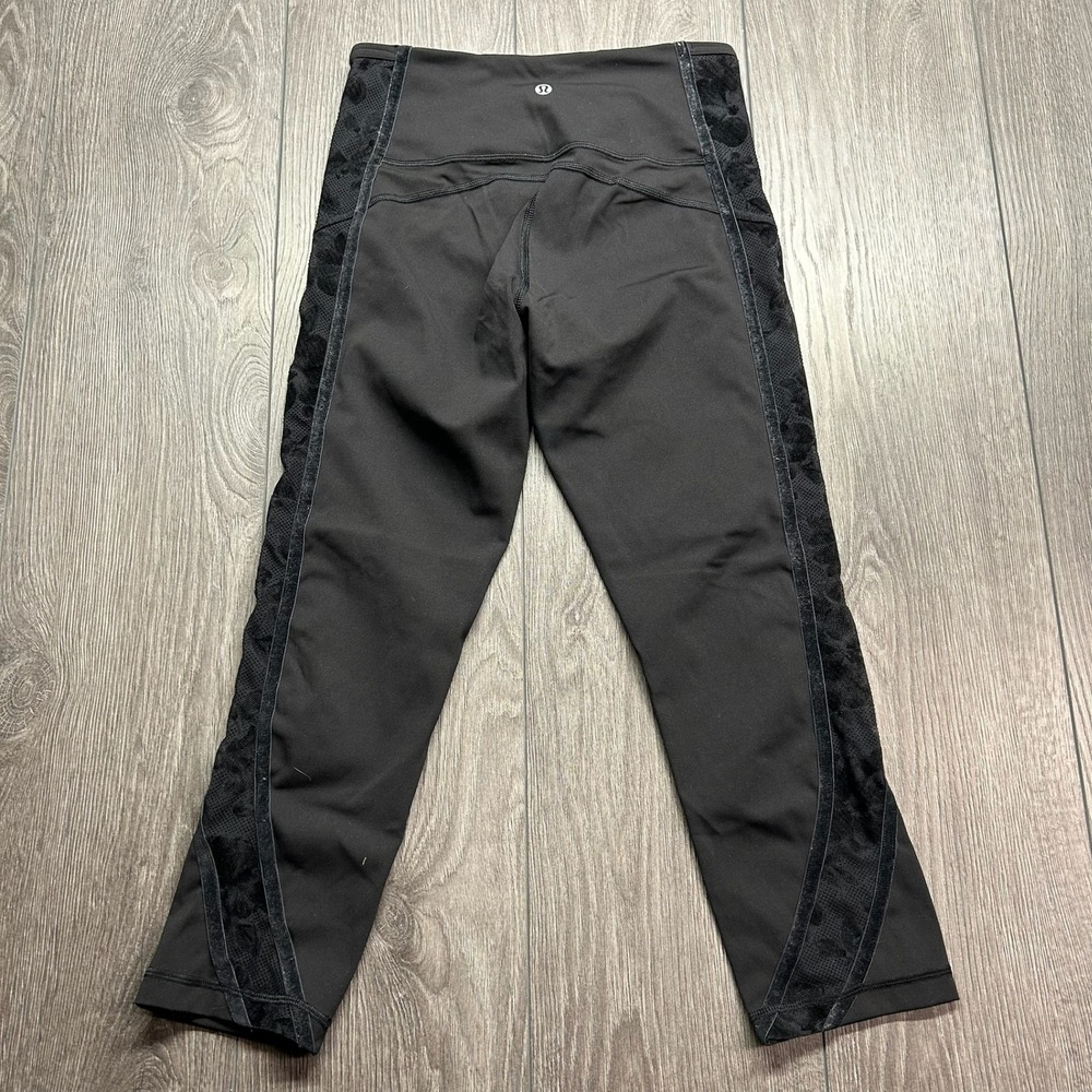 Lululemon High Times Pant Lace Mesh Velvet Trim Leggings Black 7/8 Crop Size 6